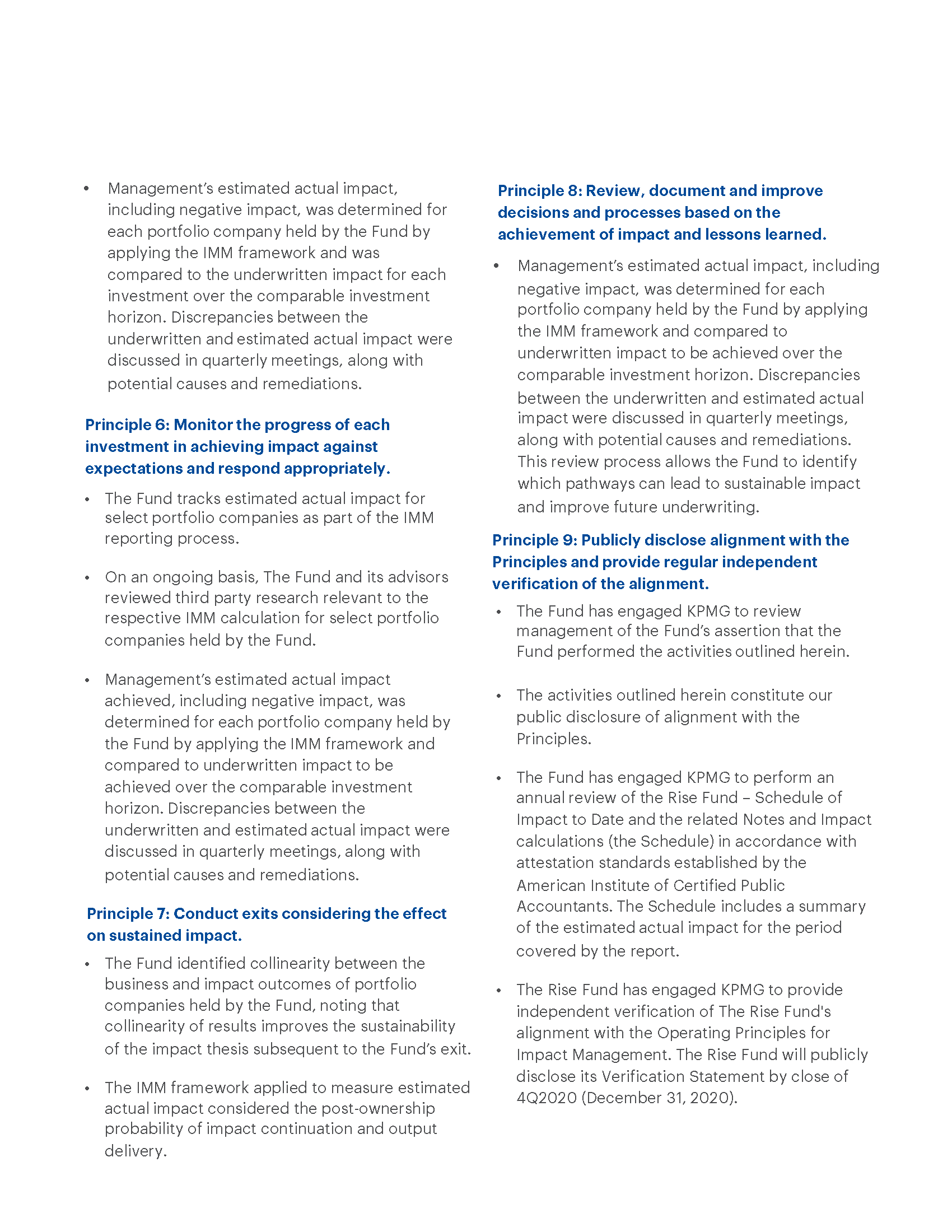 Image of text - full text of Management Assertions related to Operating Principles for Impact Management pasted below